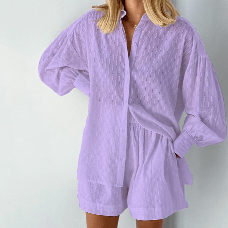 Jessi | Zweiteiliges Sommer-Set für Damen | Strukturierte Bluse mit Bischofsärmeln & High-Waist Shorts im lockeren Schnitt