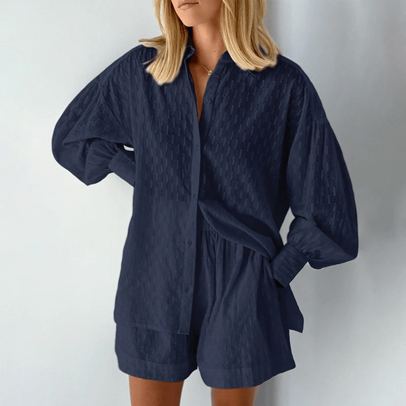 Jessi | Zweiteiliges Sommer-Set für Damen | Strukturierte Bluse mit Bischofsärmeln & High-Waist Shorts im lockeren Schnitt