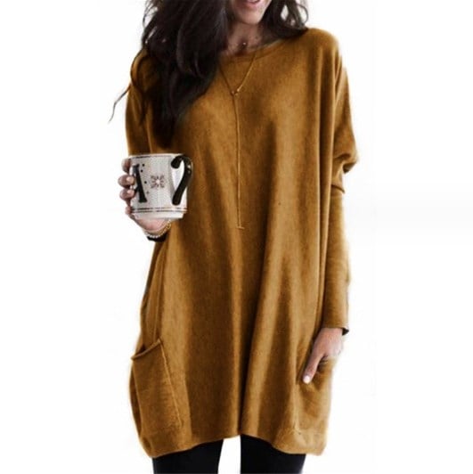 Damen Oversize Strickpullover mit Taschen | Langer Kuschel-Pullover für Herbst & Winter