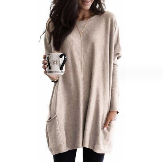 Damen Oversize Strickpullover mit Taschen | Langer Kuschel-Pullover für Herbst & Winter