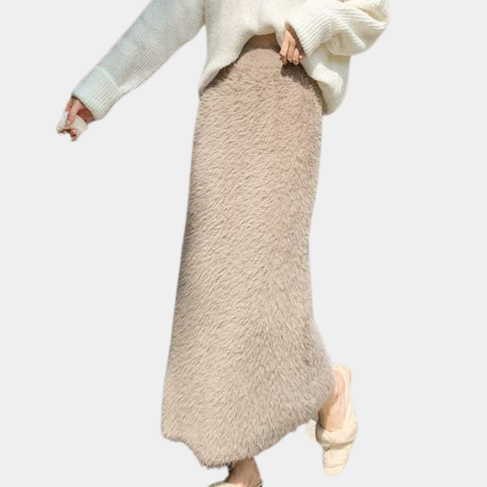 Willoween | Damen Teddy Plüsch Maxirock in Khaki mit Hoher Taille & Weichem Futter