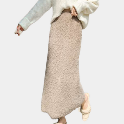 Willoween | Damen Teddy Plüsch Maxirock in Khaki mit Hoher Taille & Weichem Futter