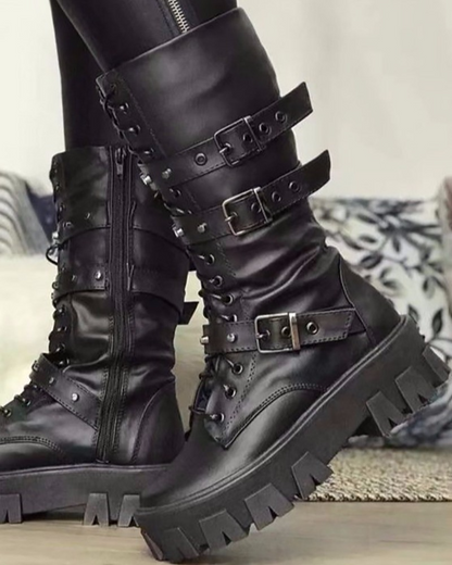 Ceridwynn | Robuste Damen Military Boots mit Schnürung & Verstellbaren Schnallen