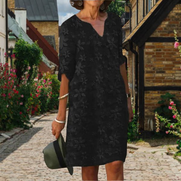 Labelle | V‑Neck Kleid mit Blumenmuster – Halbarm, Gerade Form & Elegant für Büro oder Freizeit