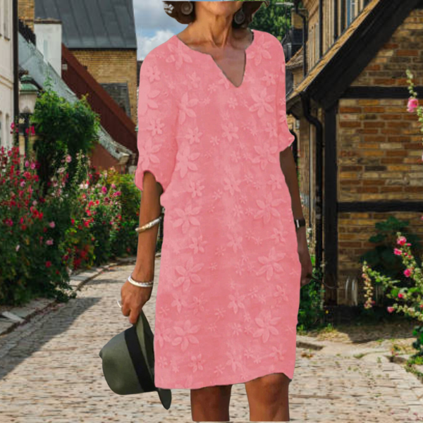 Elegantes Damenkleid mit V-Ausschnitt – Florales Design & Femininer Stil