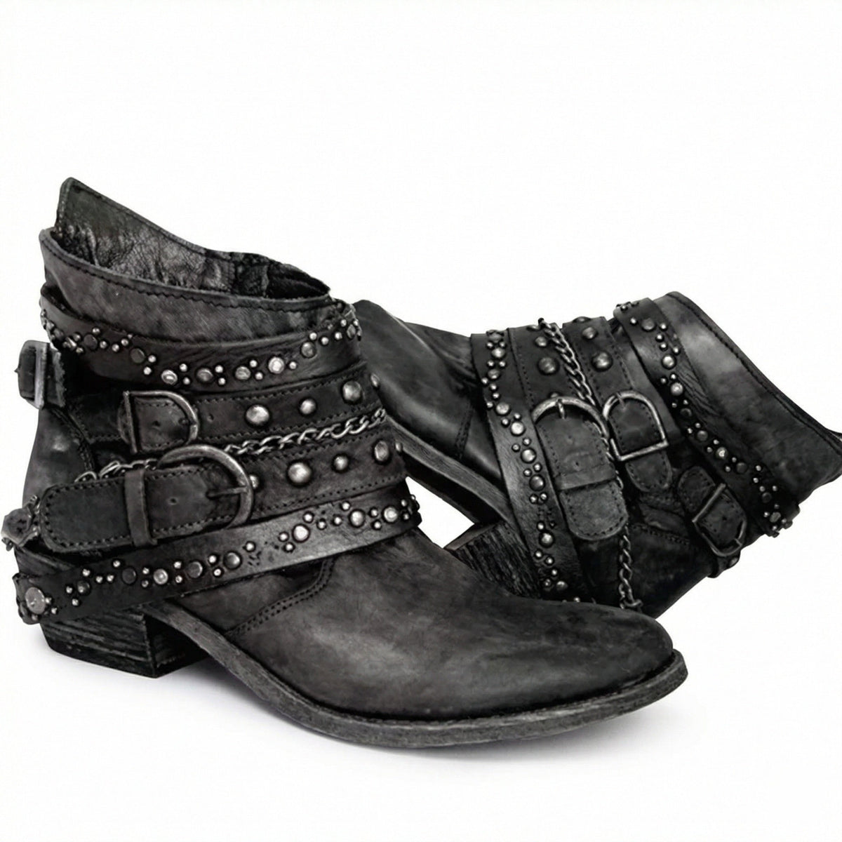 Damen Stiefeletten | Kurze Boots mit Ketten, Nieten und dekorativen Riemen