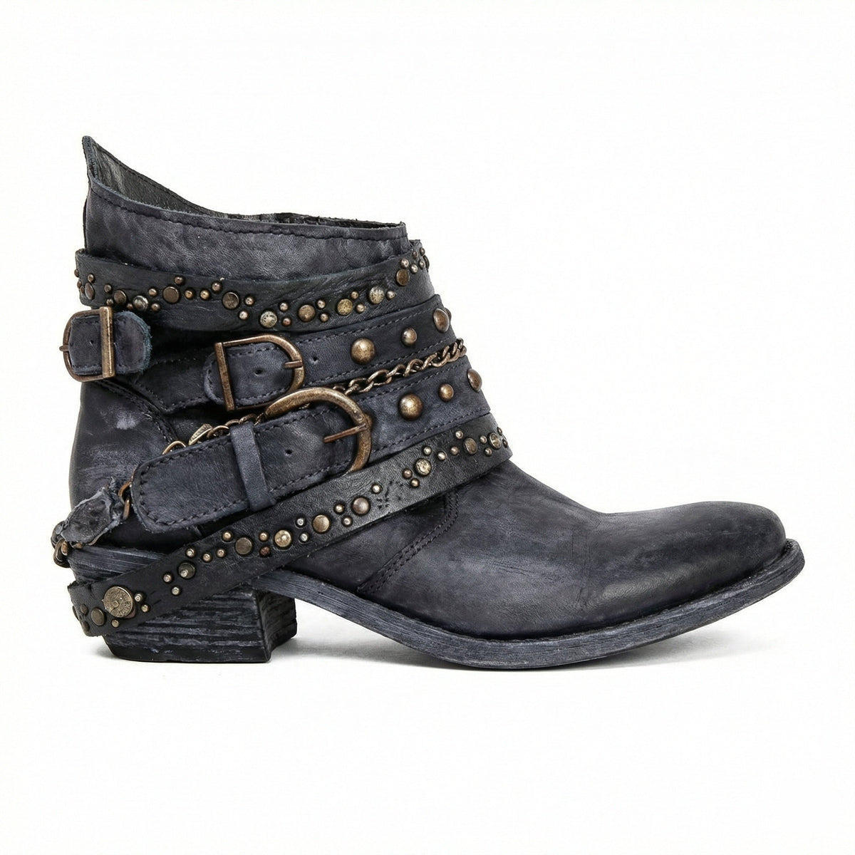 Damen Stiefeletten | Kurze Boots mit Ketten, Nieten und dekorativen Riemen