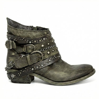 Damen Stiefeletten | Kurze Boots mit Ketten, Nieten und dekorativen Riemen