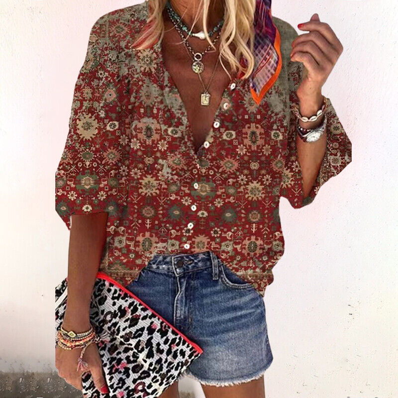 Orinda | Boho Sommerbluse mit Blumenmuster, Knopfleiste & Halbarm – Luftig & Locker für Damen