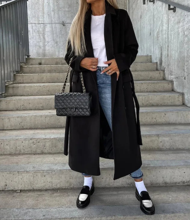 Parlisse | Damen Zweireihiger Mantel mit Taillengürtel & Reverskragen – Klassischer, Figurbetonter Übergangsmantel für Herbst & Winter