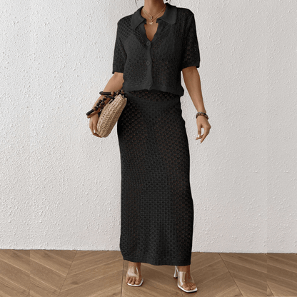 Isla | Häkel-Strand-Outfit mit Bluse & Maxirock – Sommerliches 2-teiliges Damen-Ensemble in Häkeloptik