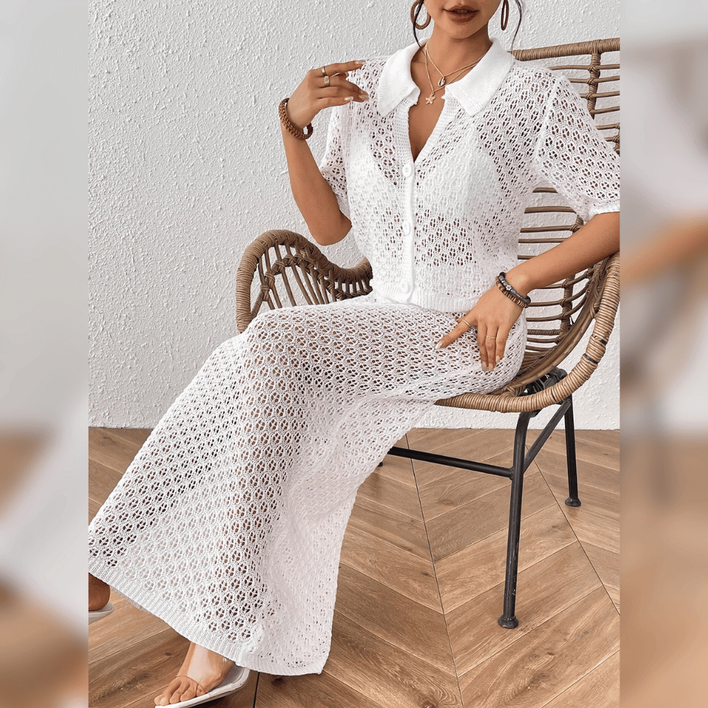 Isla | Häkel-Strand-Outfit mit Bluse & Maxirock – Sommerliches 2-teiliges Damen-Ensemble in Häkeloptik