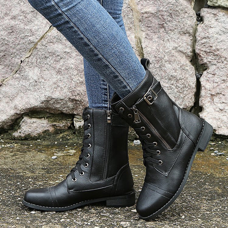 Soraya | Damen Mid-Calf Boots zum Schnüren mit Reißverschluss & Schnallen-Detail