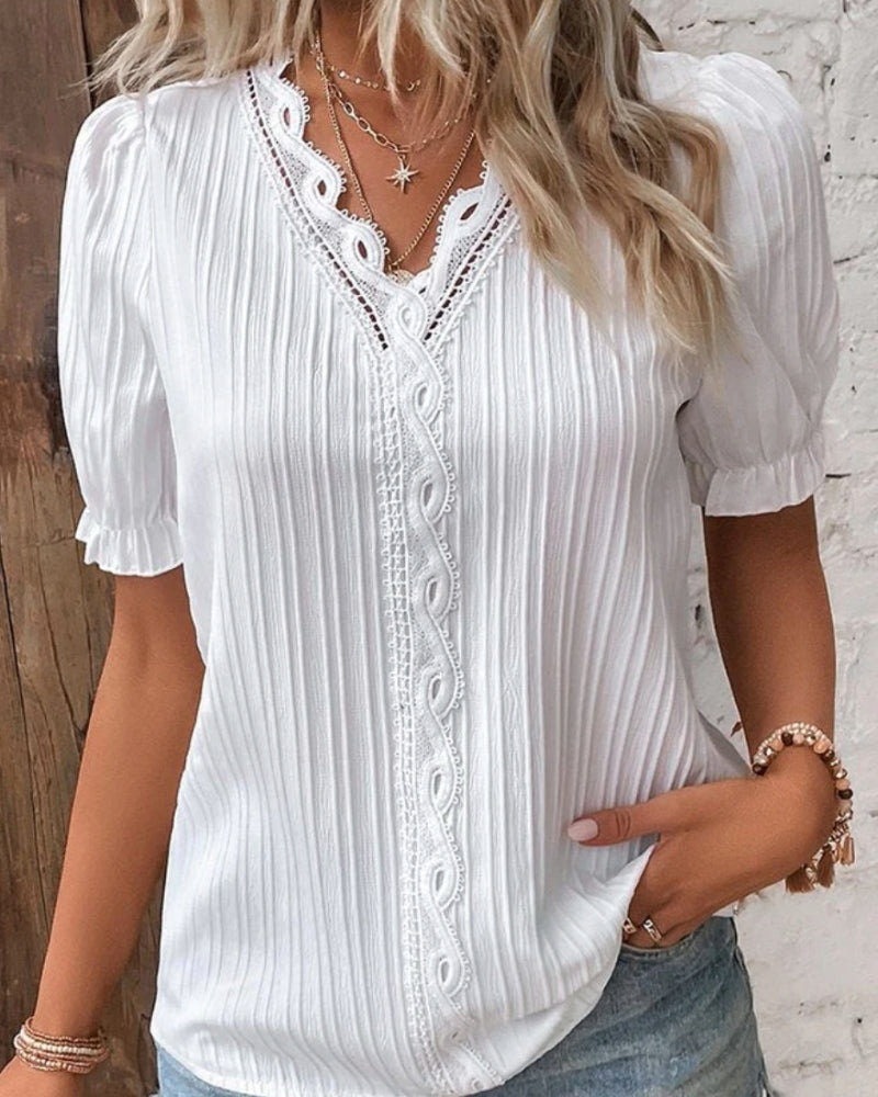 Damen Strukturierte Bluse mit V-Ausschnitt – Klassische Bluse für Alltag, Büro und gepflegte Outfits