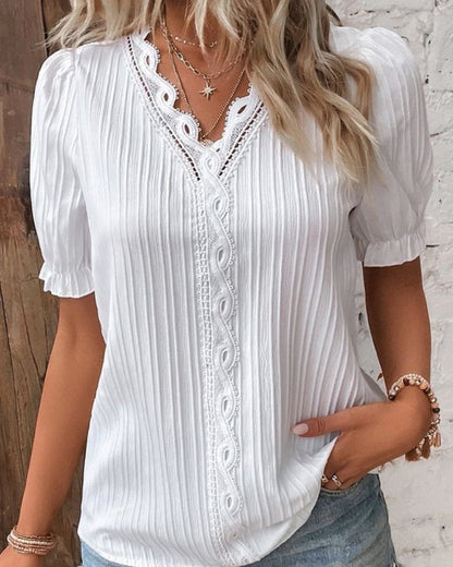 Damen Strukturierte Bluse mit V-Ausschnitt – Klassische Bluse für Alltag, Büro und gepflegte Outfits