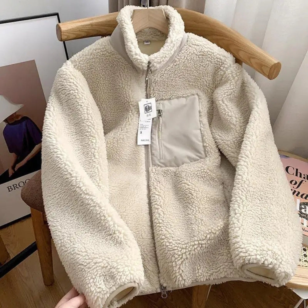 Damen Teddy-Fleece Jacke mit Stehkragen – Warme Übergangsjacke für Alltag, Spaziergänge und Freizeit