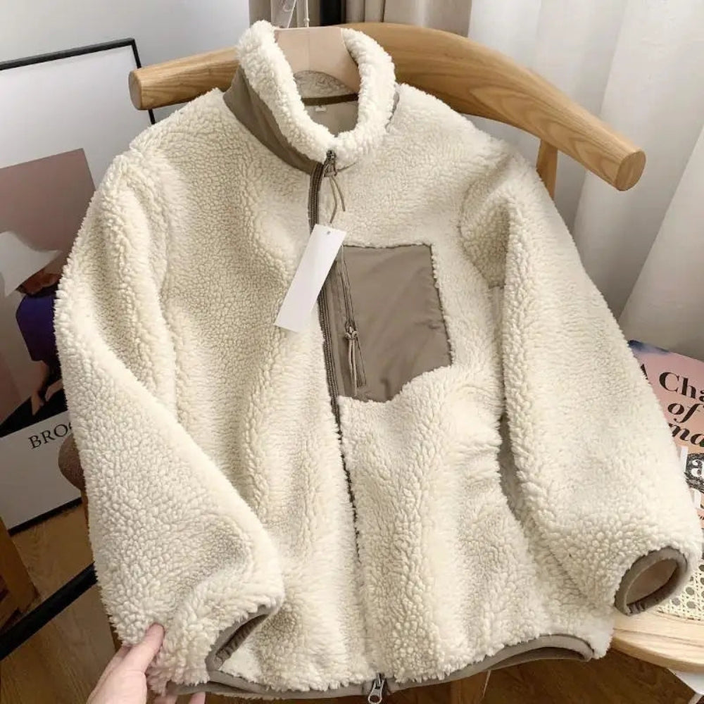 Damen Teddy-Fleece Jacke mit Stehkragen – Warme Übergangsjacke für Alltag, Spaziergänge und Freizeit