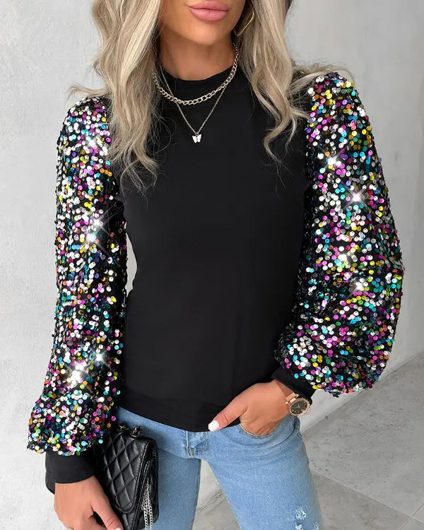 Celestelle | Damenbluse mit Rundhals, Pailletten & stylischen Ballonärmeln