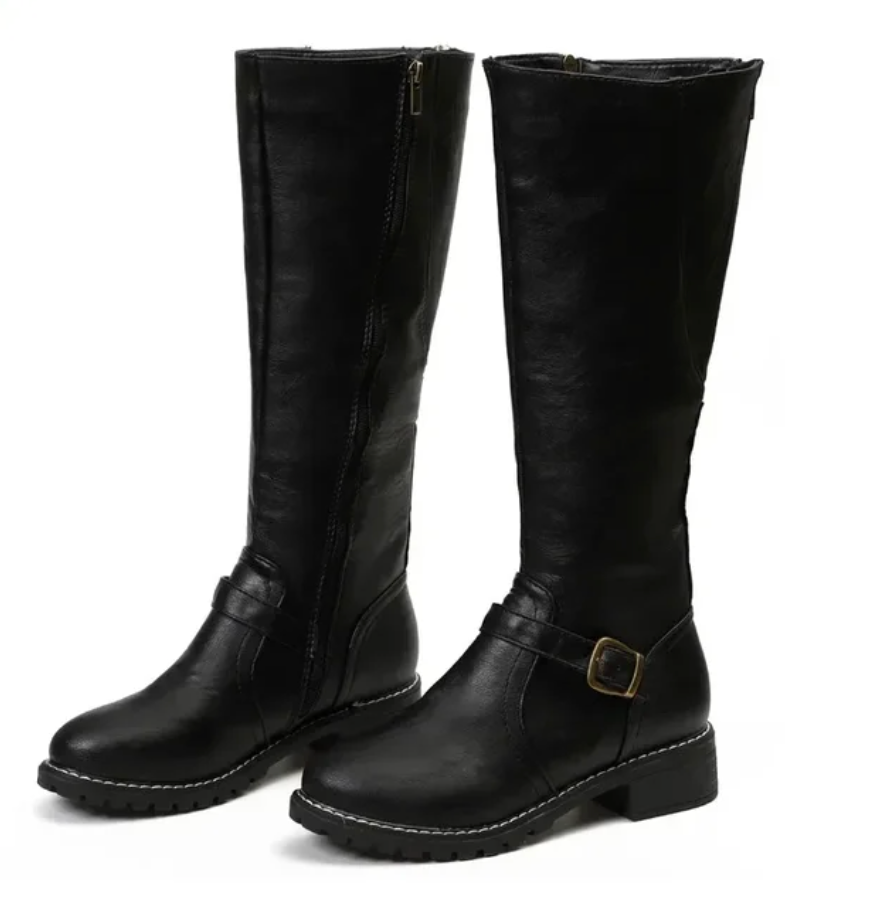 Tamsyn | Damen Knee High Boots mit Schnallenriemen & niedrigem Blockabsatz