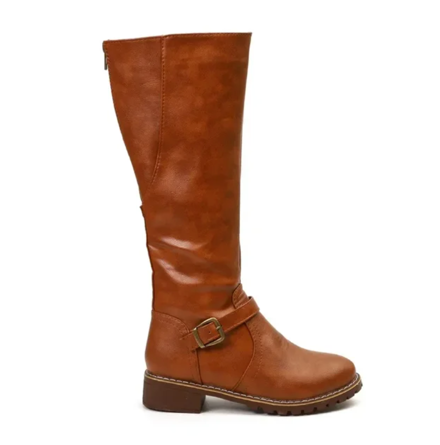 Tamsyn | Damen Knee High Boots mit Schnallenriemen & niedrigem Blockabsatz