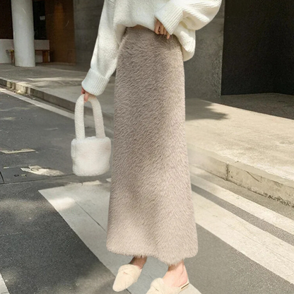 Willoween | Damen Teddy Plüsch Maxirock in Khaki mit Hoher Taille & Weichem Futter