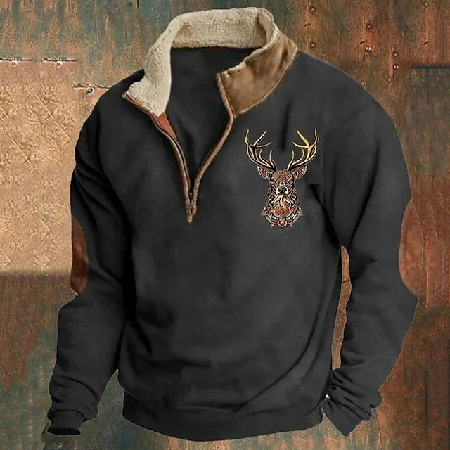 Herren Fleece Winterpullover mit Hirsch-Stickerei | Warme Polar-Sweatjacke mit Stehkragen & Reißverschluss