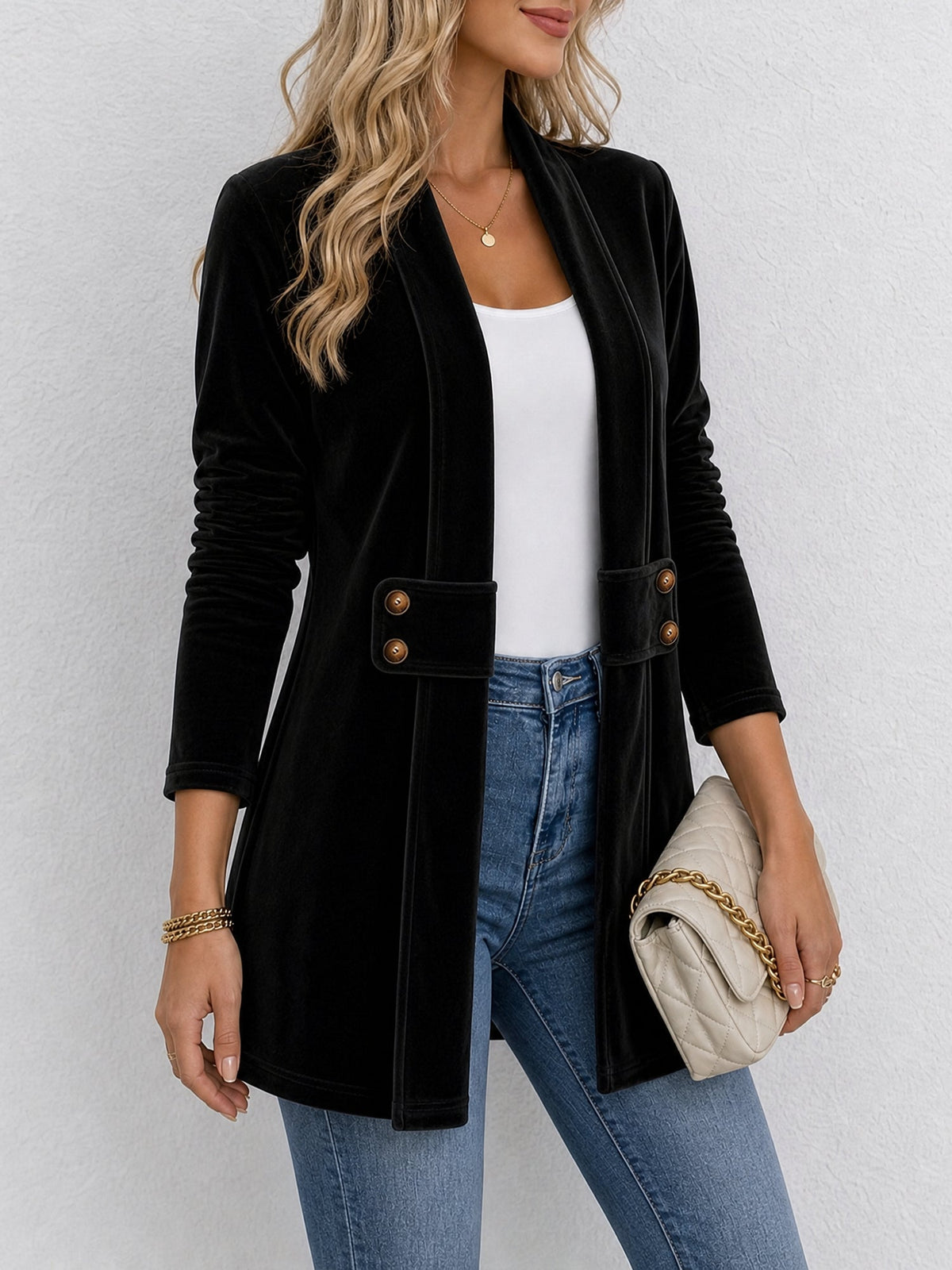 Damen Strickjacke | Offene Strickjacke mit Revers und dekorativen Knöpfen