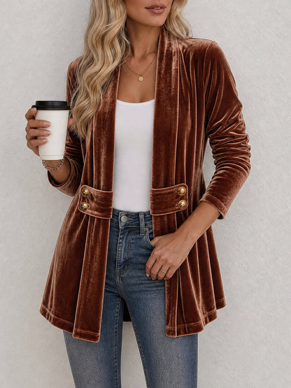 Damen Strickjacke | Offene Strickjacke mit Revers und dekorativen Knöpfen