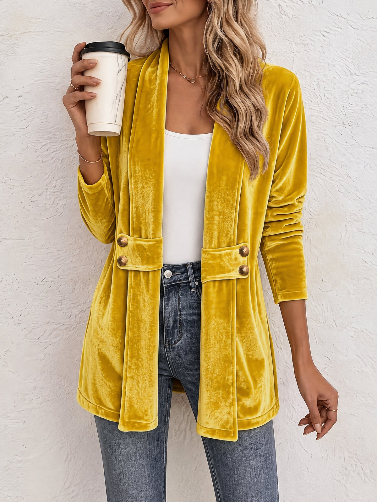 Damen Strickjacke | Offene Strickjacke mit Revers und dekorativen Knöpfen