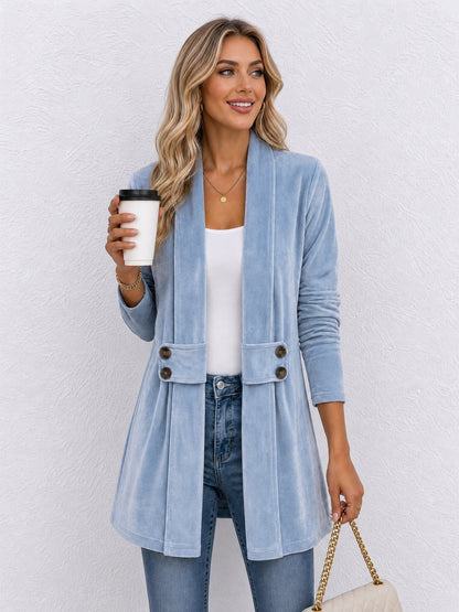Damen Strickjacke | Offene Strickjacke mit Revers und dekorativen Knöpfen