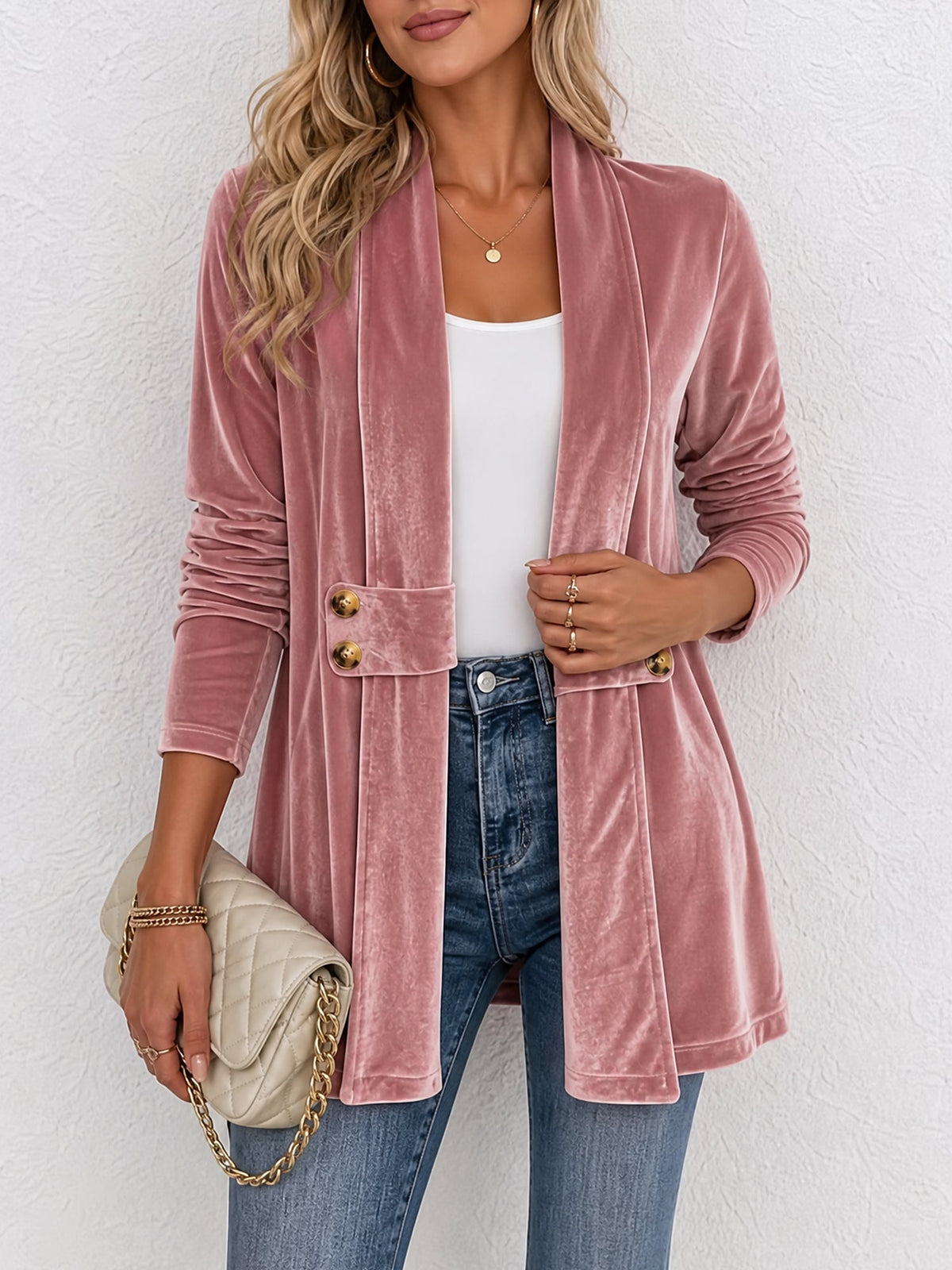 Damen Strickjacke | Offene Strickjacke mit Revers und dekorativen Knöpfen