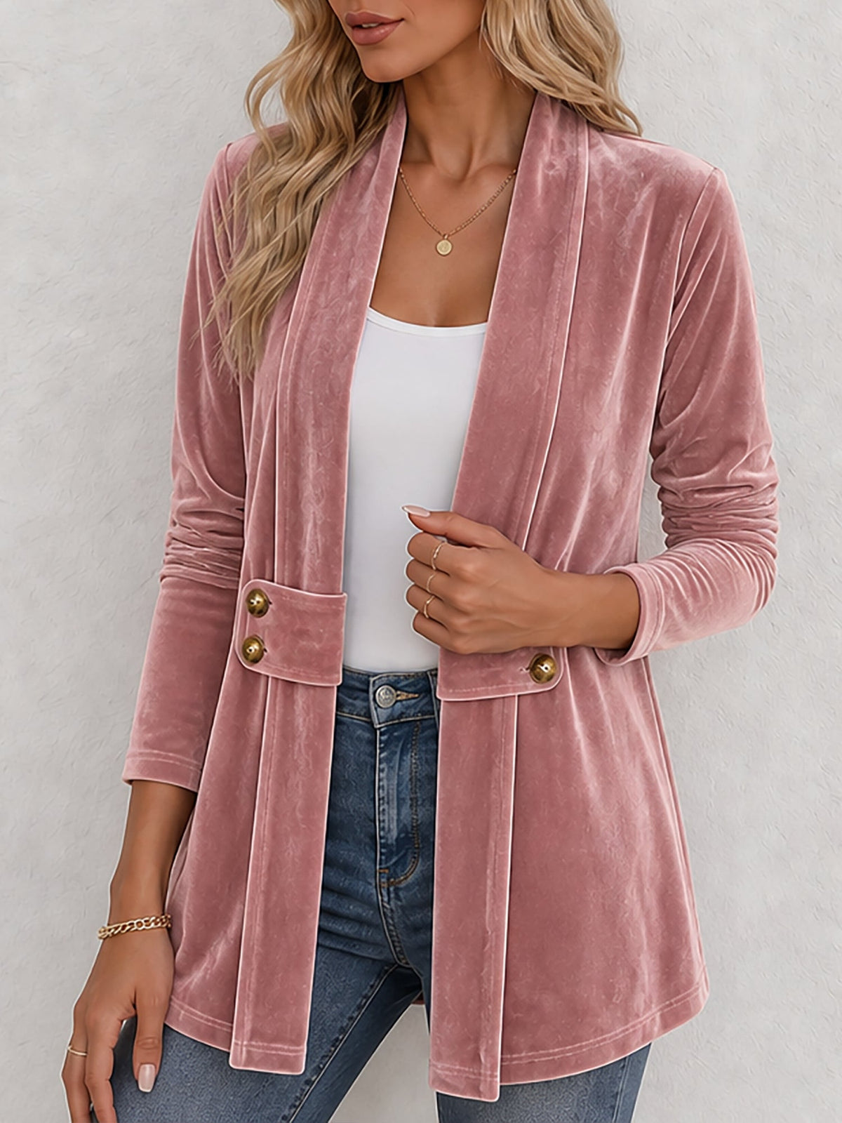 Damen Strickjacke | Offene Strickjacke mit Revers und dekorativen Knöpfen