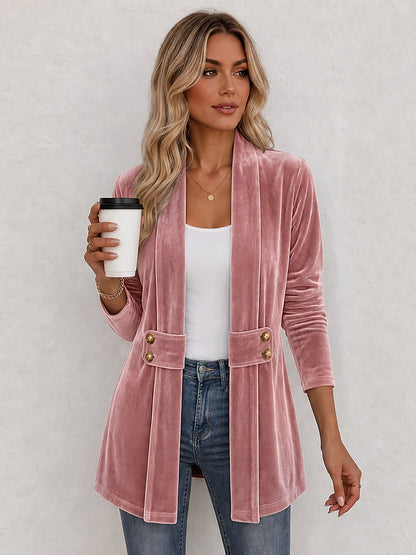 Damen Strickjacke | Offene Strickjacke mit Revers und dekorativen Knöpfen