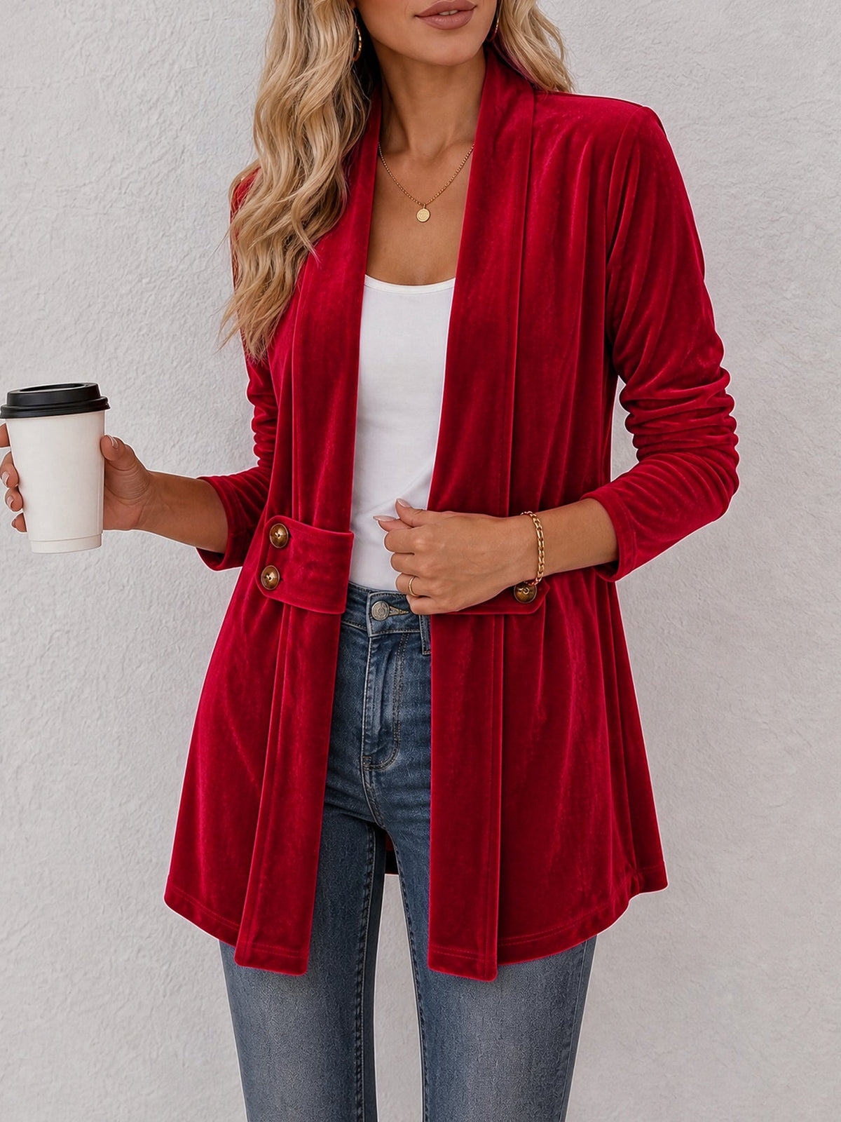 Damen Strickjacke | Offene Strickjacke mit Revers und dekorativen Knöpfen