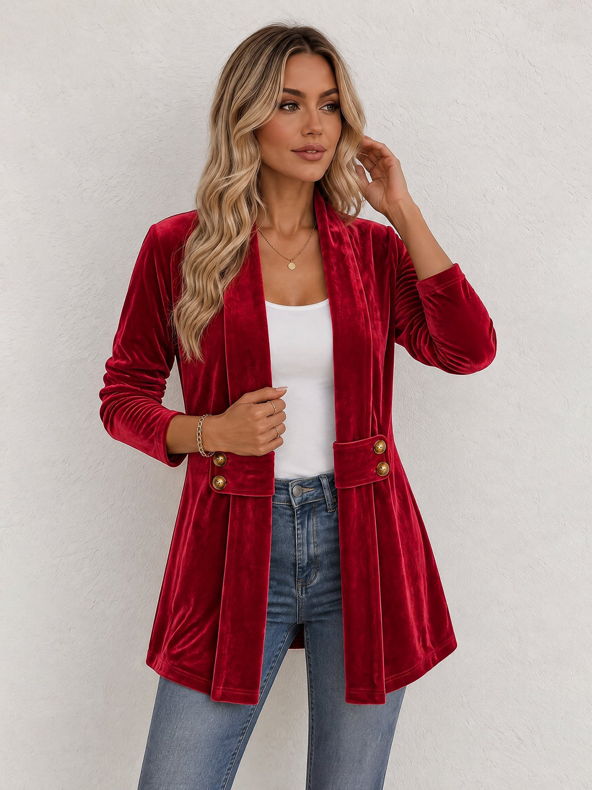 Damen Strickjacke | Offene Strickjacke mit Revers und dekorativen Knöpfen