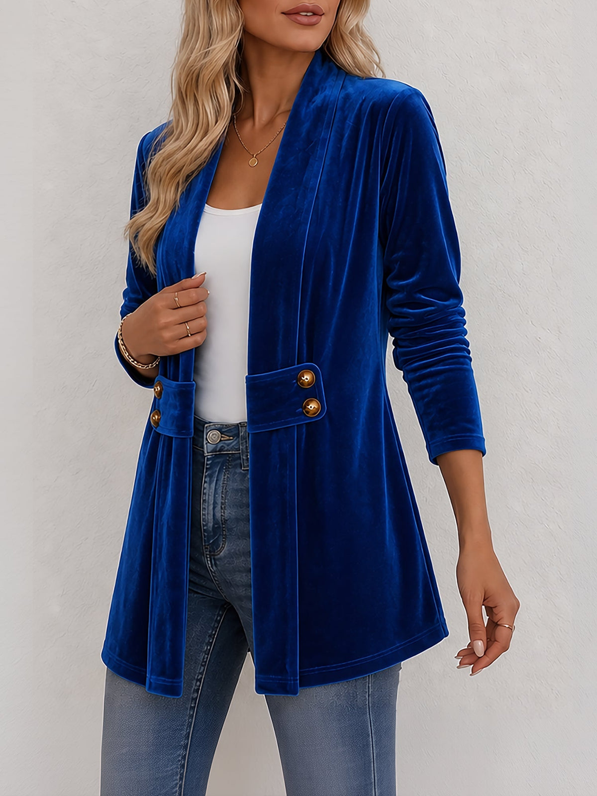 Damen Strickjacke | Offene Strickjacke mit Revers und dekorativen Knöpfen