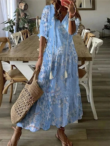 Katrina | Boho Print V‑Ausschnitt Sommer‑Maxikleid – Elegant & Luftig