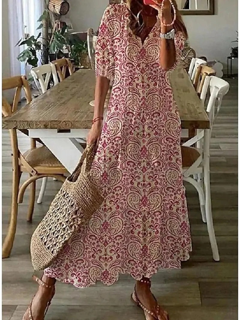 Katrina | Boho Print V‑Ausschnitt Sommer‑Maxikleid – Elegant & Luftig
