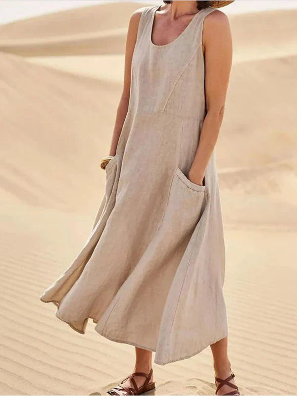 Mira | Soft Linen Maxikleid mit Taschen | Luftiges ärmelloses Sommerkleid aus Leinen für Damen
