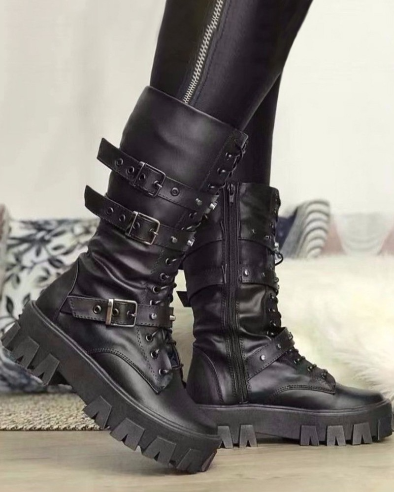 Ceridwynn | Robuste Damen Military Boots mit Schnürung & Verstellbaren Schnallen