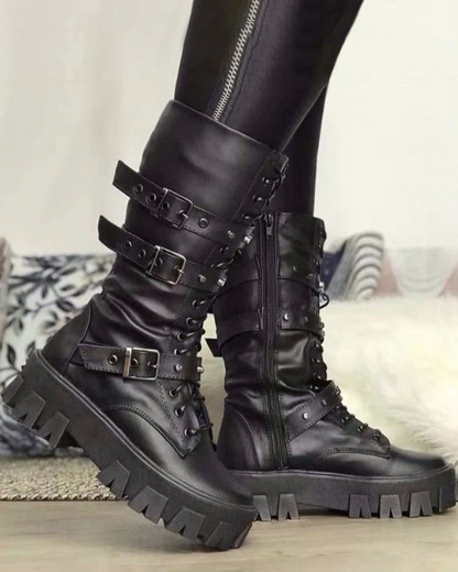 Ceridwynn | Robuste Damen Military Boots mit Schnürung & Verstellbaren Schnallen