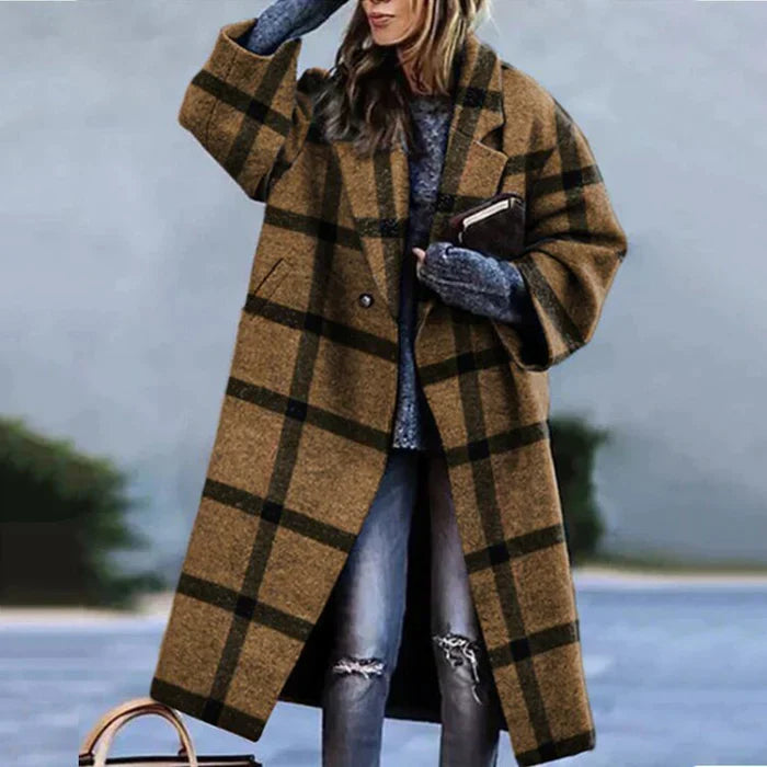 Damen Oversize Karomantel | Langer Trendmantel im Eleganten Winter-Look