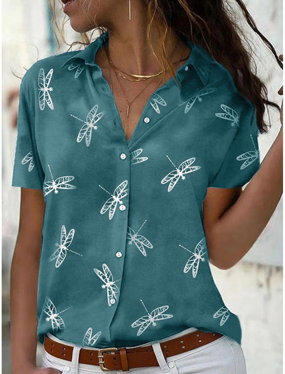 Kaylee | Damen Sommerbluse mit Libellen-Print | Leichtes Hemd mit Knopfleiste und Umlegekragen