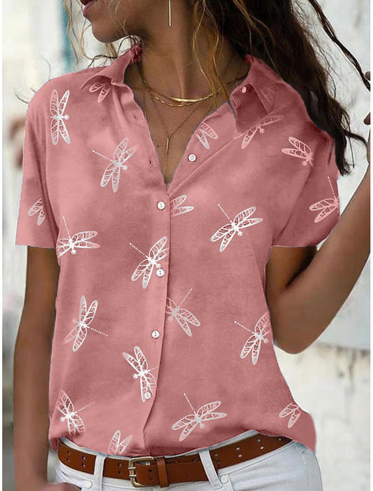 Kaylee | Damen Sommerbluse mit Libellen-Print | Leichtes Hemd mit Knopfleiste und Umlegekragen